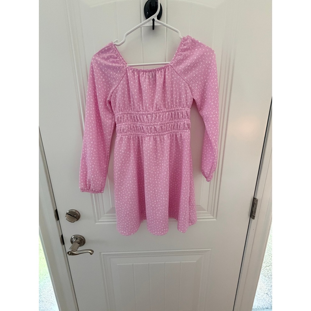 Art Class Girls Pink Polka Dot Long Sleeve Smocked Waist Dress Size M 8